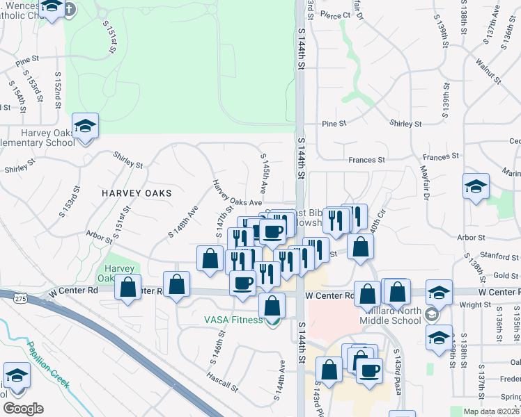 map of restaurants, bars, coffee shops, grocery stores, and more near 14555 Harvey Oaks Avenue in Omaha