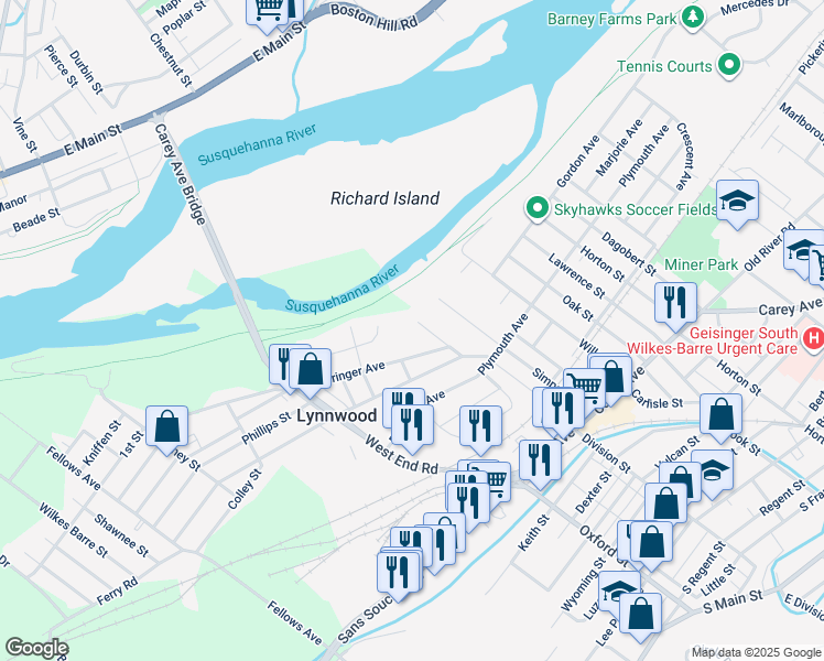 map of restaurants, bars, coffee shops, grocery stores, and more near 100 Claymont Avenue in Wilkes-Barre