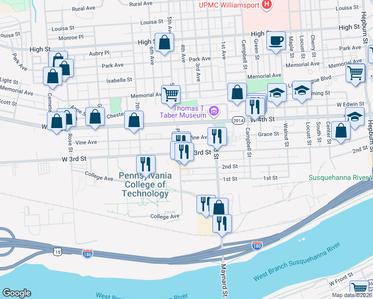 map of restaurants, bars, coffee shops, grocery stores, and more near 952 West 3rd Street in Williamsport