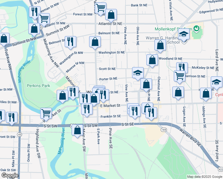 map of restaurants, bars, coffee shops, grocery stores, and more near in Warren