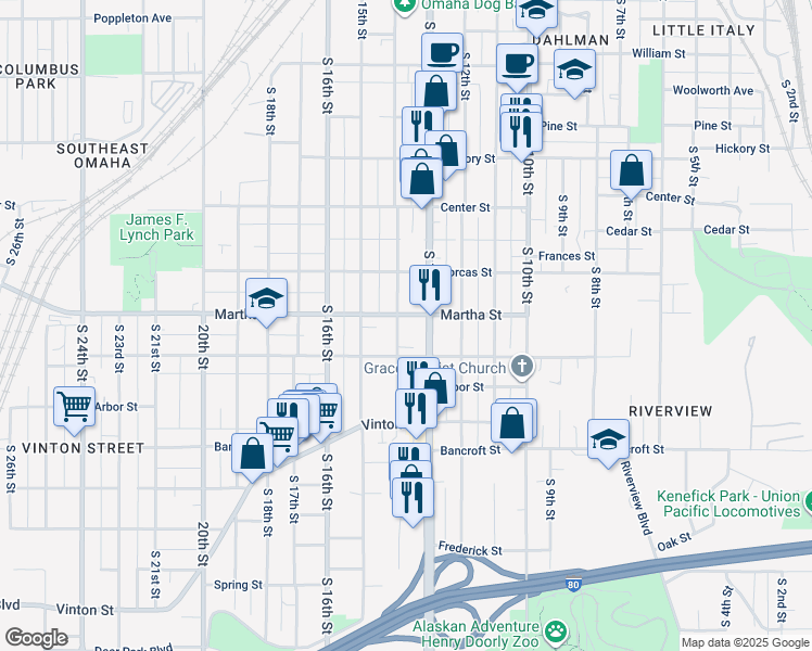 map of restaurants, bars, coffee shops, grocery stores, and more near 1323 Martha Street in Omaha