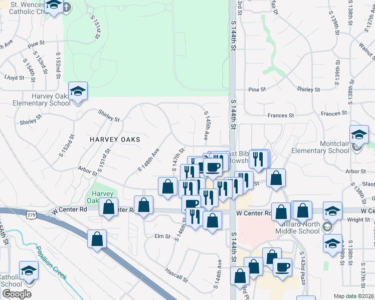 map of restaurants, bars, coffee shops, grocery stores, and more near 14611 Harvey Oaks Avenue in Omaha