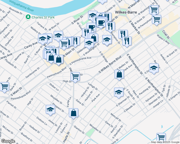 map of restaurants, bars, coffee shops, grocery stores, and more near 32-78 Hill St in Wilkes-Barre