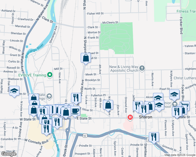 map of restaurants, bars, coffee shops, grocery stores, and more near 358 4th Avenue in Sharon