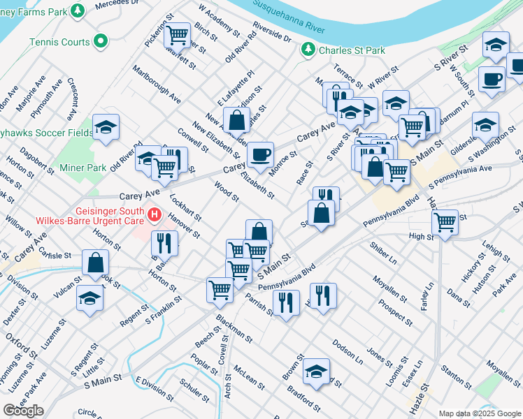map of restaurants, bars, coffee shops, grocery stores, and more near 83 Wood Street in Wilkes-Barre