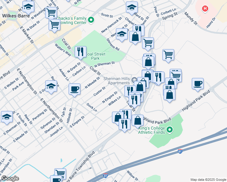 map of restaurants, bars, coffee shops, grocery stores, and more near 131 North Empire Street in Wilkes-Barre