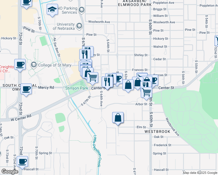 map of restaurants, bars, coffee shops, grocery stores, and more near 2225 South 64th Avenue in Omaha