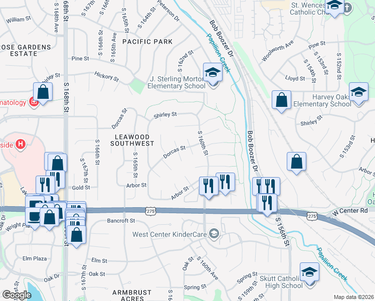 map of restaurants, bars, coffee shops, grocery stores, and more near 16105 Dorcas Street in Omaha