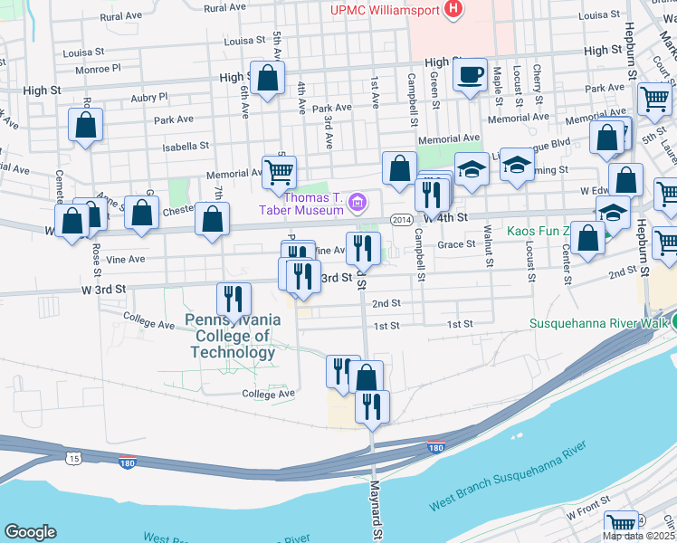 map of restaurants, bars, coffee shops, grocery stores, and more near 910 West 3rd Street in Williamsport