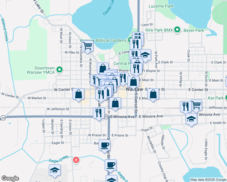map of restaurants, bars, coffee shops, grocery stores, and more near 120 East Center Street in Warsaw