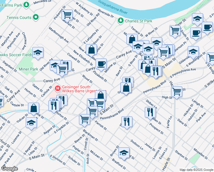 map of restaurants, bars, coffee shops, grocery stores, and more near 87 Wood Street in Wilkes-Barre