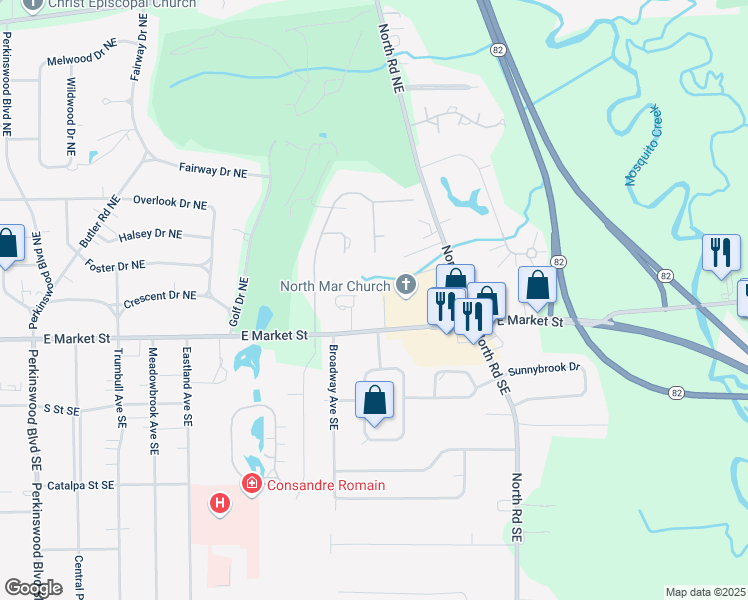 map of restaurants, bars, coffee shops, grocery stores, and more near 3741 East Market Street in Warren