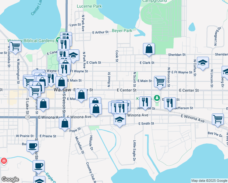 map of restaurants, bars, coffee shops, grocery stores, and more near 798 E Center St in Warsaw