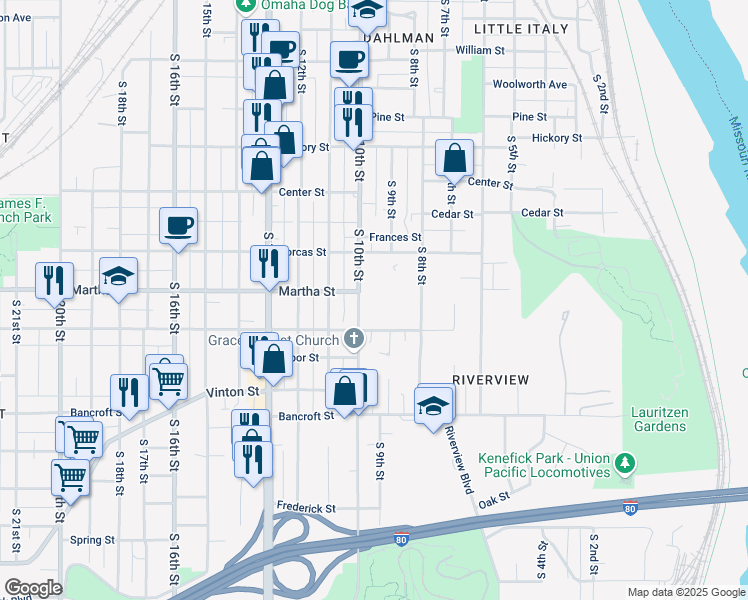map of restaurants, bars, coffee shops, grocery stores, and more near 2308 South 10th Street in Omaha