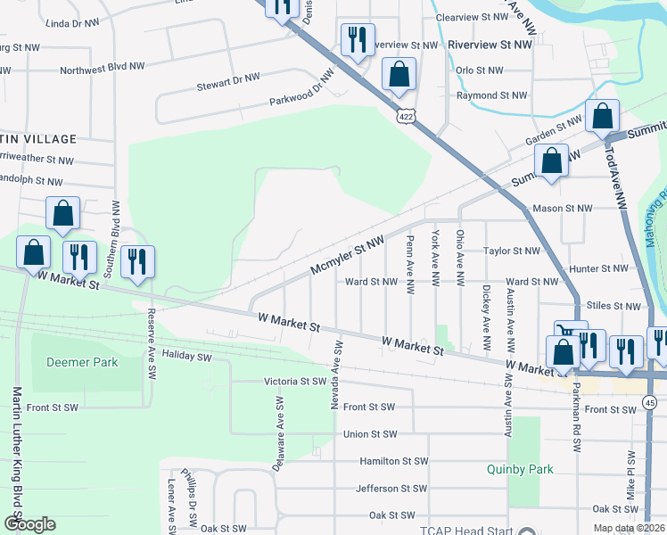 map of restaurants, bars, coffee shops, grocery stores, and more near 424 Nevada Avenue Southwest in Warren