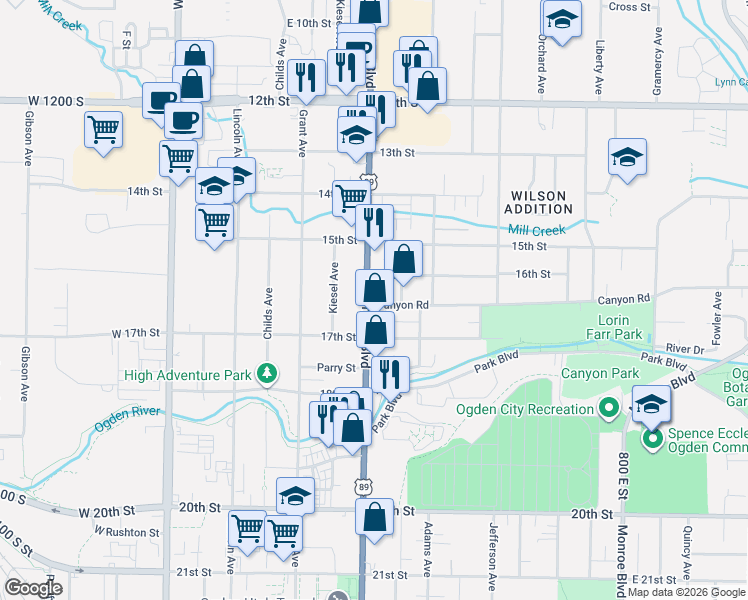 map of restaurants, bars, coffee shops, grocery stores, and more near 1636 Washington Boulevard in Ogden