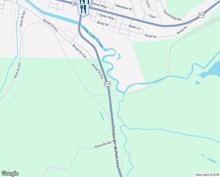 map of restaurants, bars, coffee shops, grocery stores, and more near 9264 U.S. 219 in Brockway