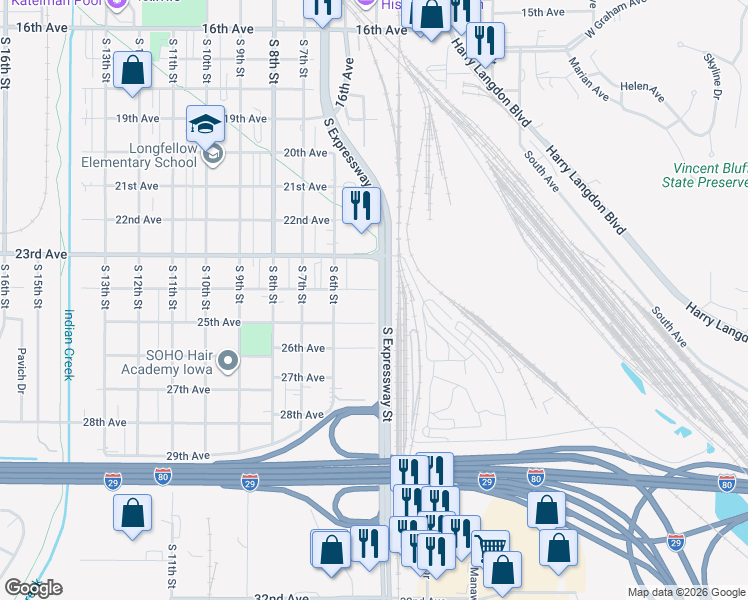 map of restaurants, bars, coffee shops, grocery stores, and more near 505 24th Avenue in Council Bluffs