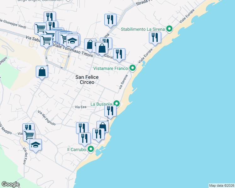 map of restaurants, bars, coffee shops, grocery stores, and more near 88 Via Poniatowskj in San Felice Circeo