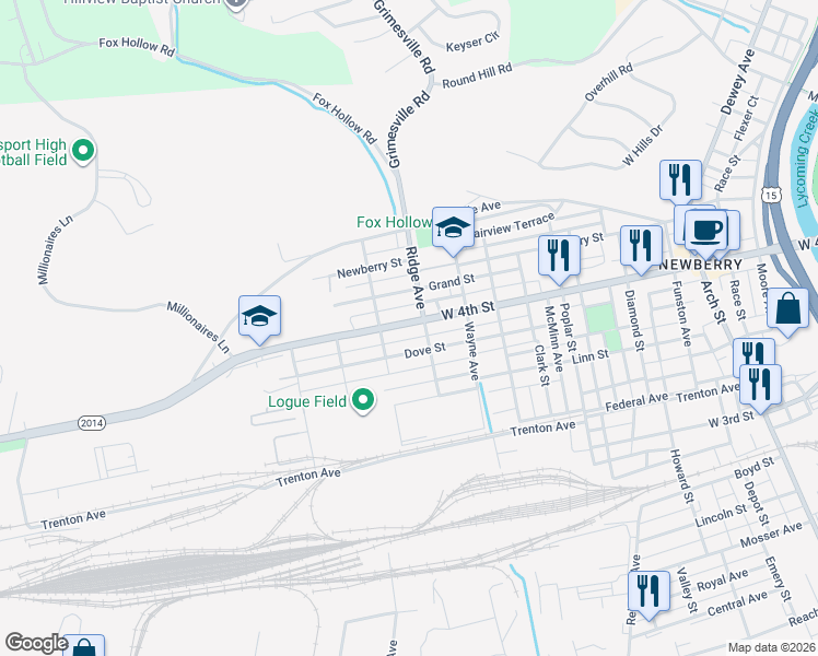 map of restaurants, bars, coffee shops, grocery stores, and more near 2609 West 4th Street in Williamsport