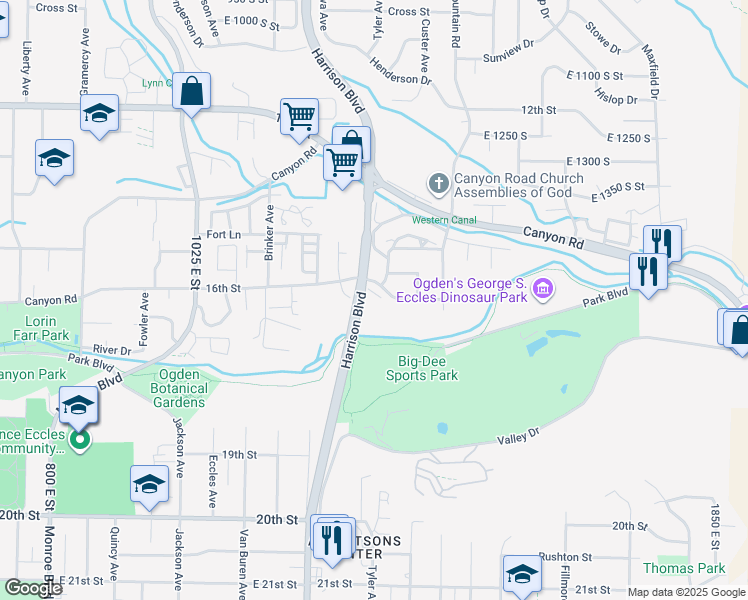 map of restaurants, bars, coffee shops, grocery stores, and more near 1290 1640 South in Ogden