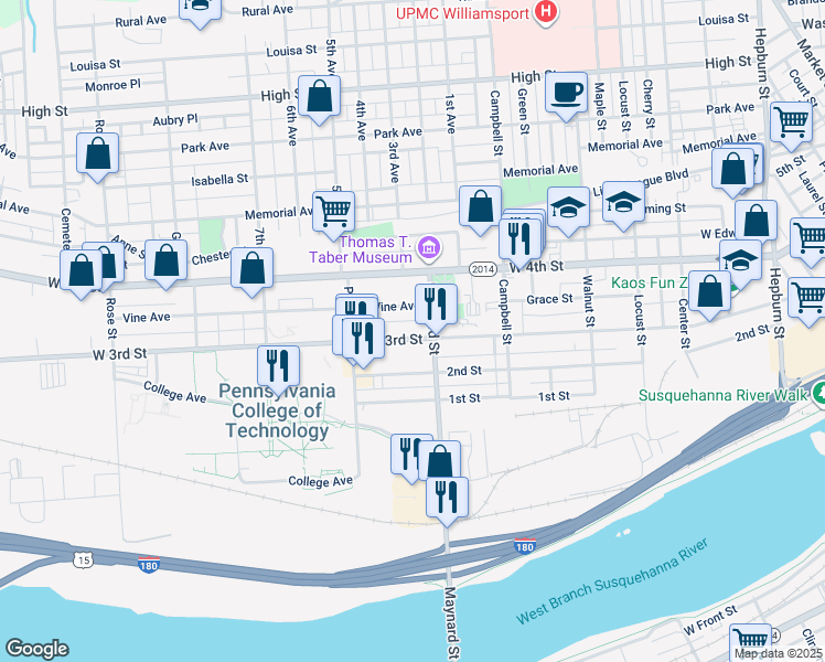 map of restaurants, bars, coffee shops, grocery stores, and more near 910 West 3rd Street in Williamsport