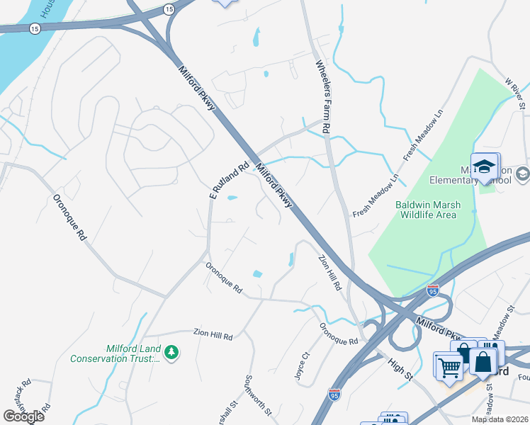 map of restaurants, bars, coffee shops, grocery stores, and more near 30 Barberry Court in Milford