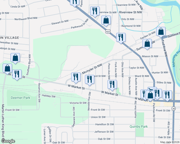 map of restaurants, bars, coffee shops, grocery stores, and more near 424 Nevada Avenue Southwest in Warren