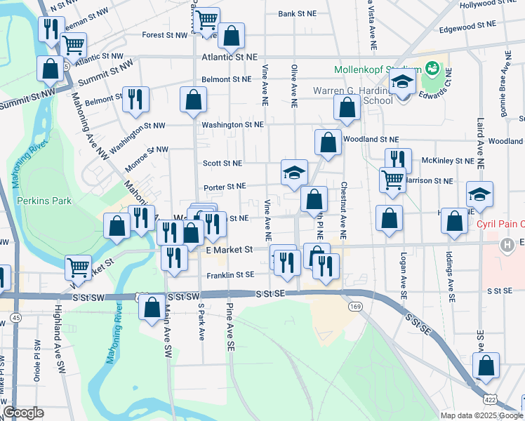 map of restaurants, bars, coffee shops, grocery stores, and more near 367 High Street Northeast in Niles