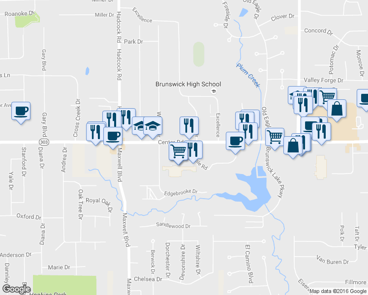 map of restaurants, bars, coffee shops, grocery stores, and more near 3680 Center Road in Brunswick