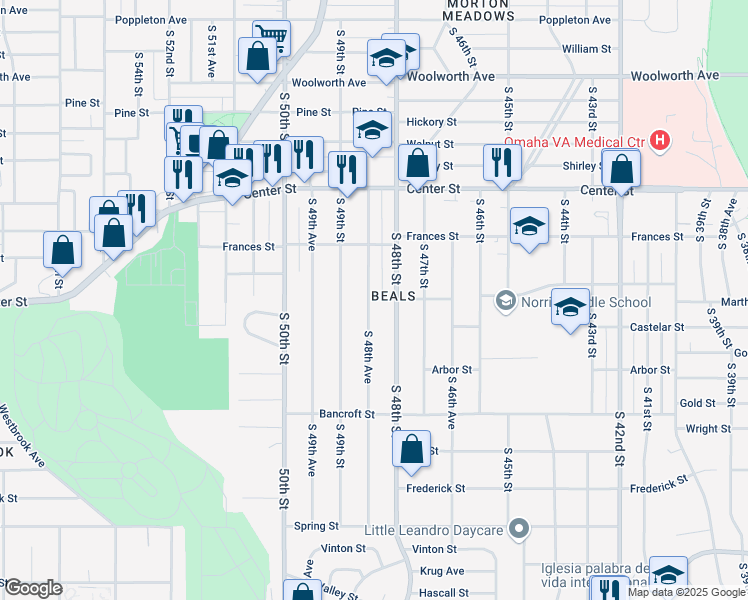 map of restaurants, bars, coffee shops, grocery stores, and more near 2153 South 48th Avenue in Omaha