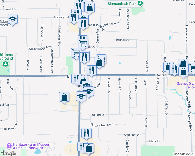 map of restaurants, bars, coffee shops, grocery stores, and more near 4236 Center Road in Brunswick