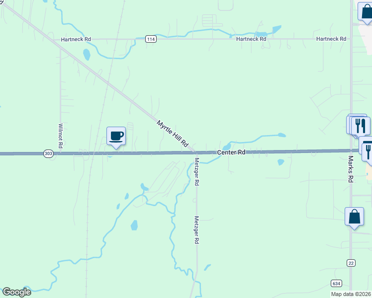 map of restaurants, bars, coffee shops, grocery stores, and more near 5721 Center Road in Valley City
