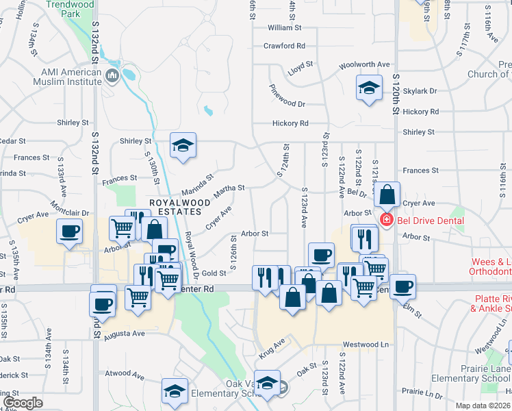map of restaurants, bars, coffee shops, grocery stores, and more near 2229 South 125th Avenue in Omaha