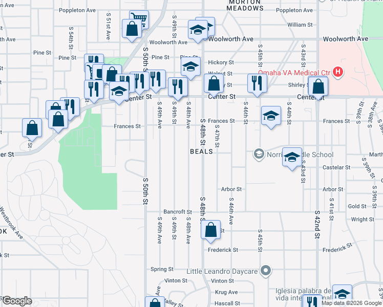 map of restaurants, bars, coffee shops, grocery stores, and more near 2153 South 48th Avenue in Omaha