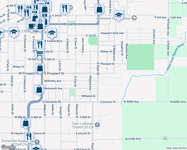map of restaurants, bars, coffee shops, grocery stores, and more near 709 East Prospect Street in Kewanee