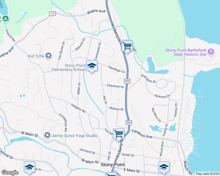map of restaurants, bars, coffee shops, grocery stores, and more near 28 Chestnut Street in Stony Point
