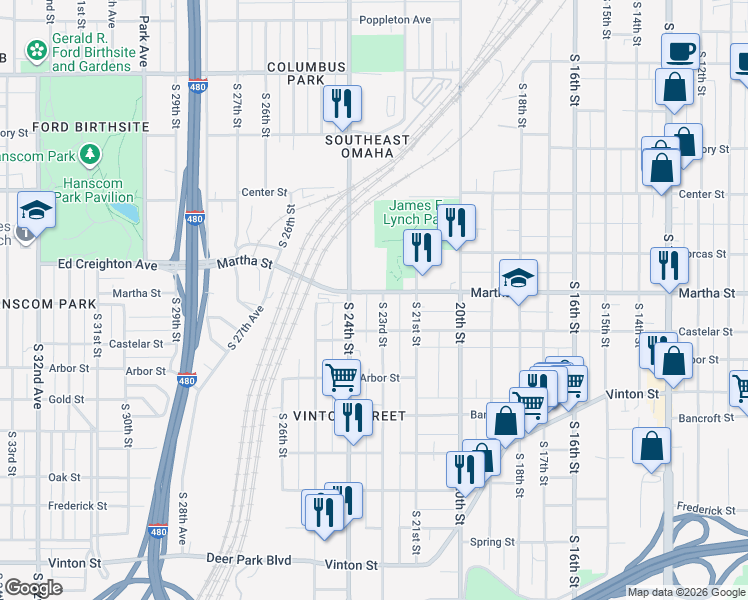 map of restaurants, bars, coffee shops, grocery stores, and more near 2306 South 23rd Street in Omaha