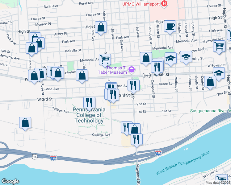 map of restaurants, bars, coffee shops, grocery stores, and more near 946 West 3rd Street in Williamsport