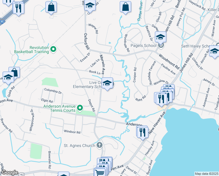 map of restaurants, bars, coffee shops, grocery stores, and more near 575 Merwin Avenue in Milford