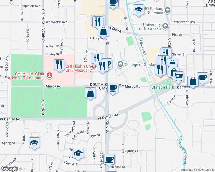 map of restaurants, bars, coffee shops, grocery stores, and more near S 72nd St & Mercy Rd in Omaha