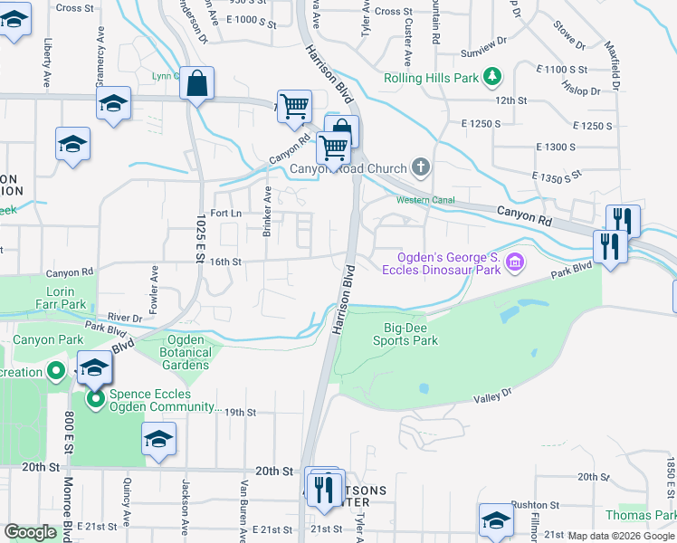 map of restaurants, bars, coffee shops, grocery stores, and more near 1627 1250 East Street in Ogden