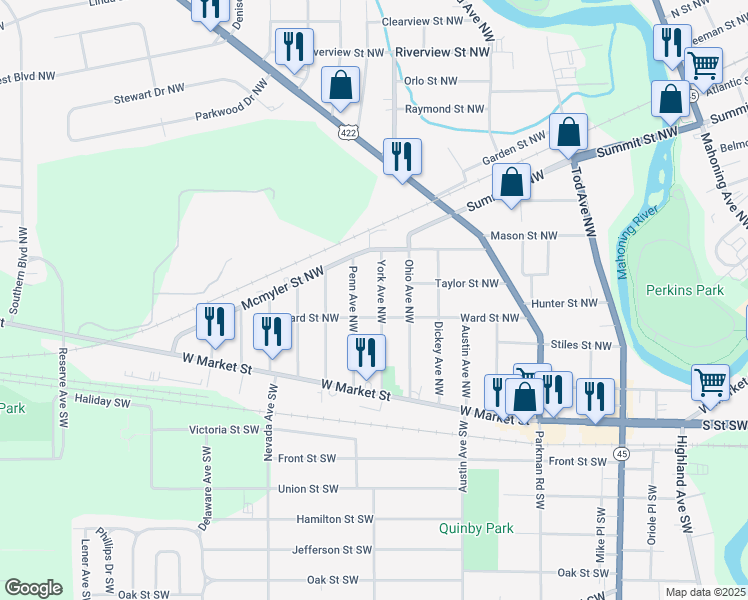 map of restaurants, bars, coffee shops, grocery stores, and more near 437 York Avenue Northwest in Warren