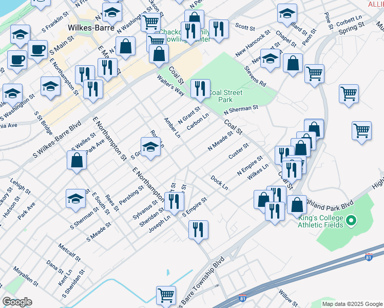 map of restaurants, bars, coffee shops, grocery stores, and more near 155 Amber Lane in Wilkes-Barre