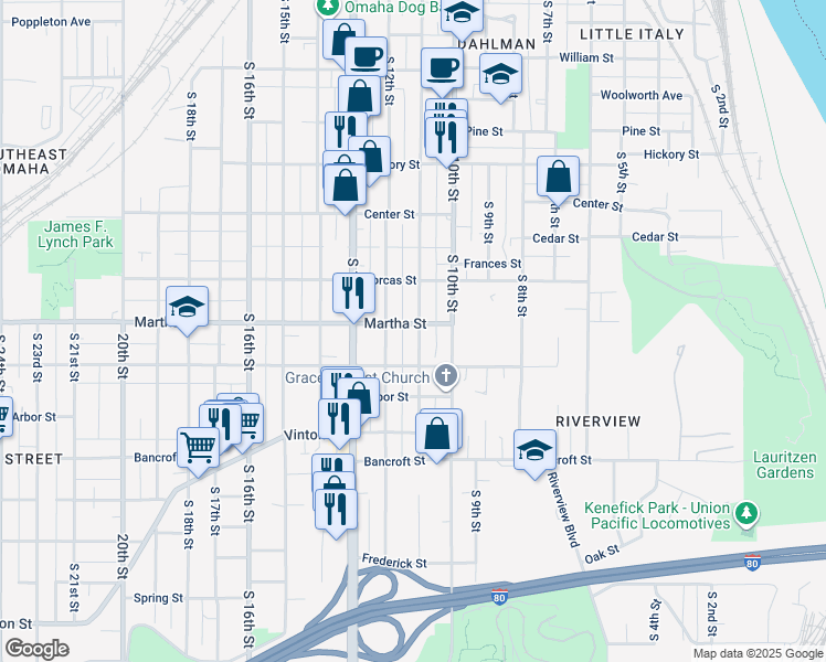 map of restaurants, bars, coffee shops, grocery stores, and more near 2306 South 11th Street in Omaha