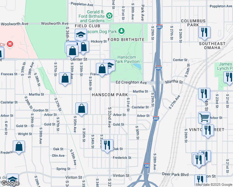 map of restaurants, bars, coffee shops, grocery stores, and more near 2230 Hanscom Boulevard in Omaha