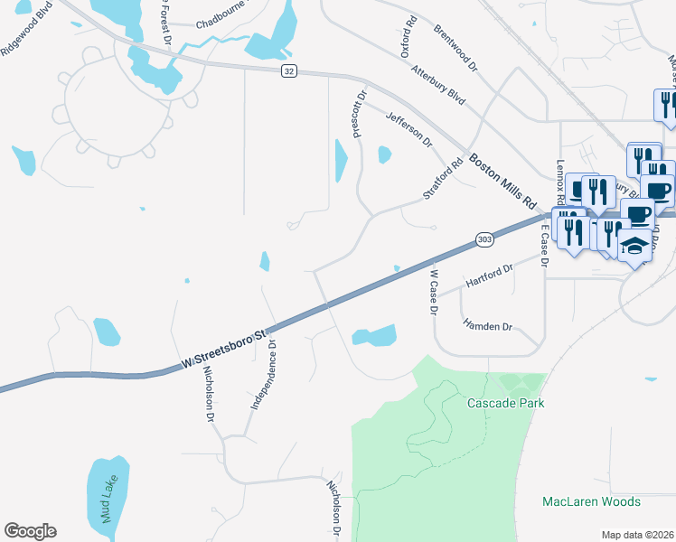 map of restaurants, bars, coffee shops, grocery stores, and more near 28 Stratford Road in Hudson
