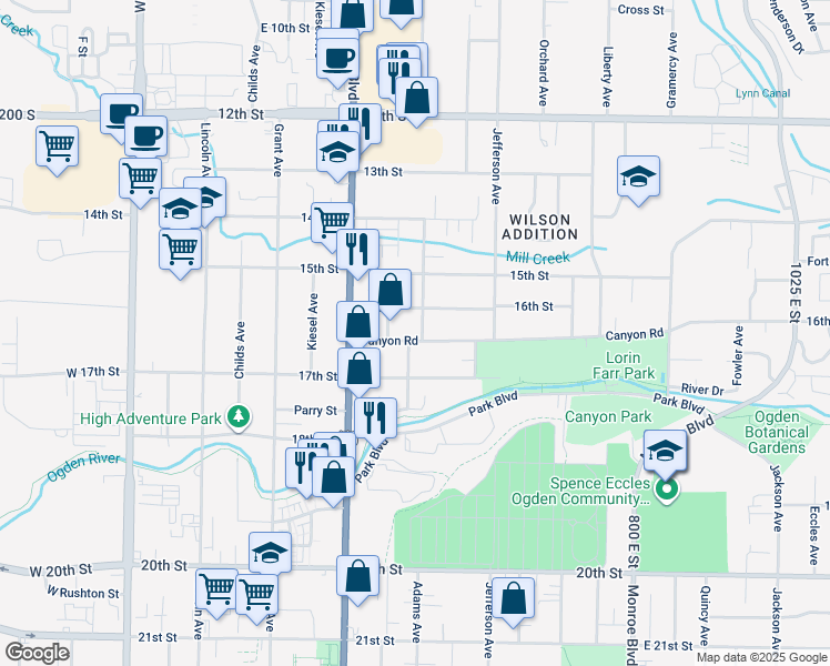 map of restaurants, bars, coffee shops, grocery stores, and more near 484 Canyon Road in Ogden