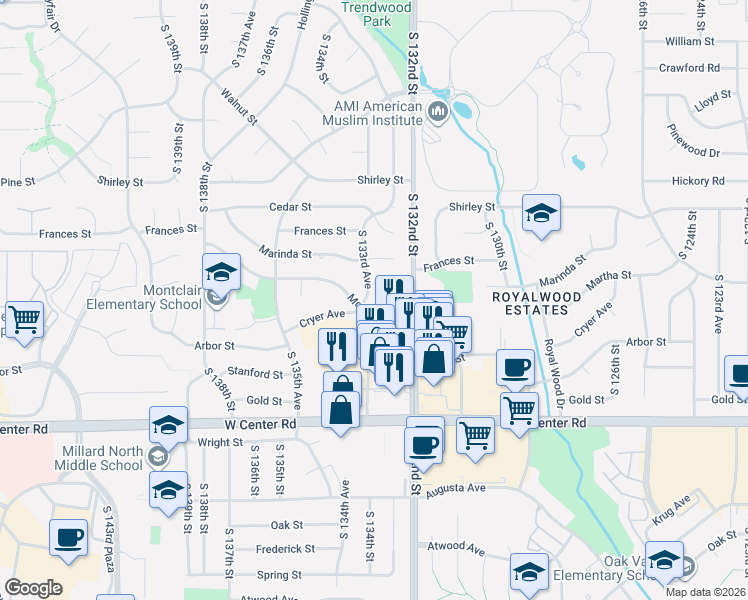 map of restaurants, bars, coffee shops, grocery stores, and more near 2317 South 133rd Avenue in Omaha
