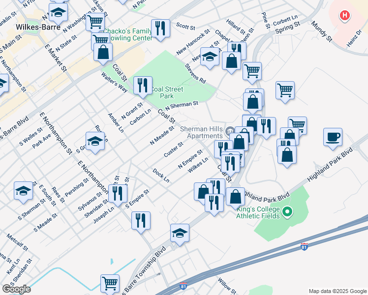 map of restaurants, bars, coffee shops, grocery stores, and more near 111 Custer Street in Wilkes-Barre
